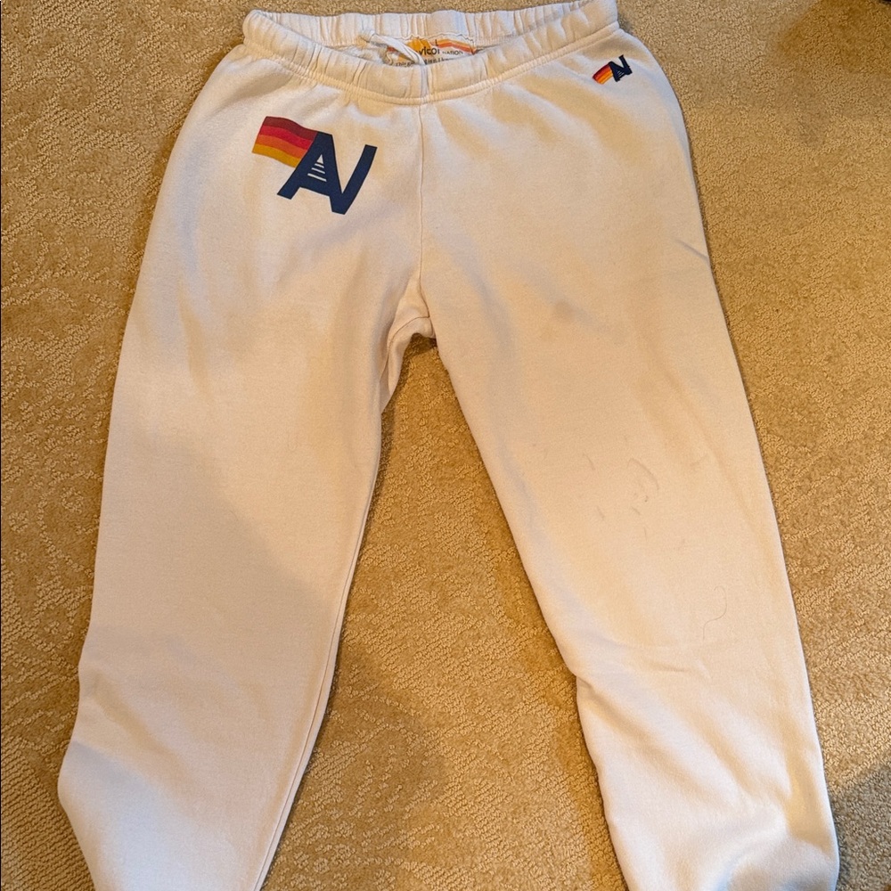Aviator Nation Cream Track Pants with Multicolor Logo